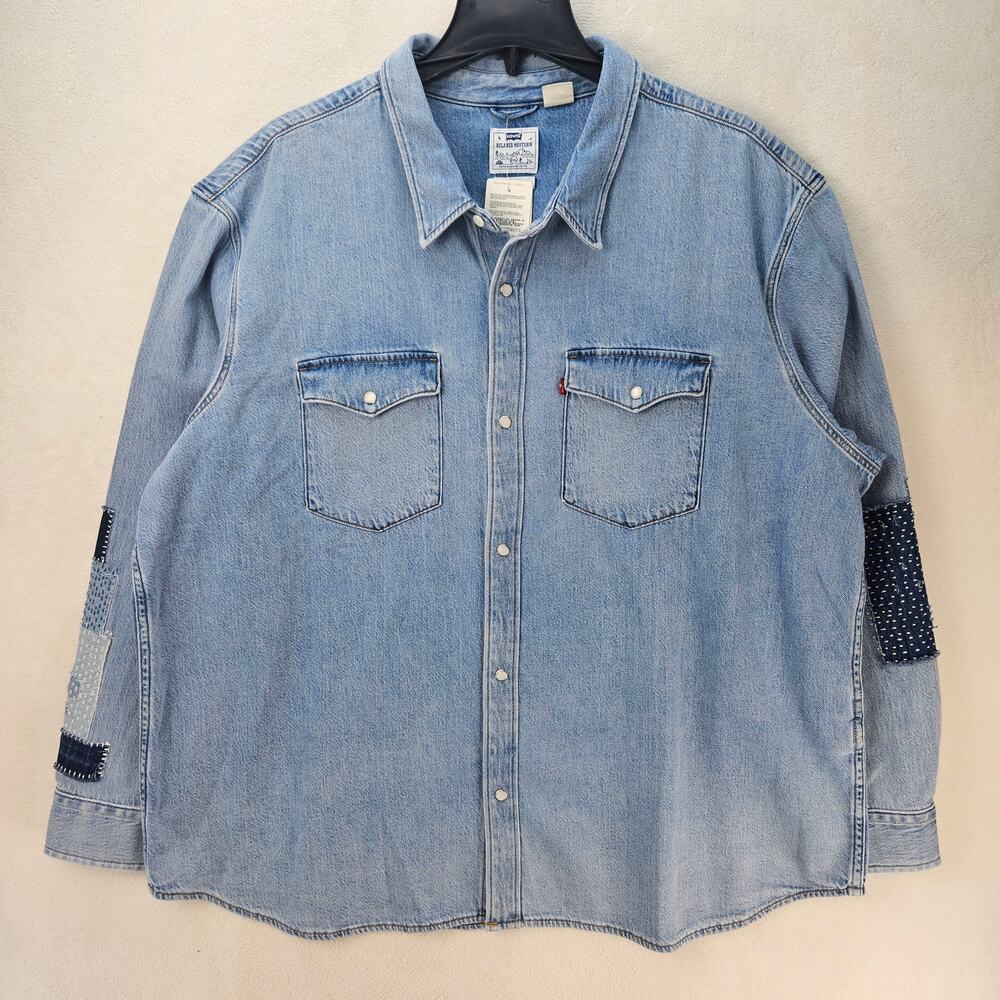 LEVI'S MEN'S 2XL WESTERN RELAXED FIT SHIRT MEDIUM WASH PATCHWORK A19190074